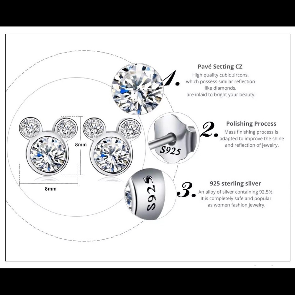 100% Sterling Silver & CZ Mouse Earrings - Picture 4 of 4